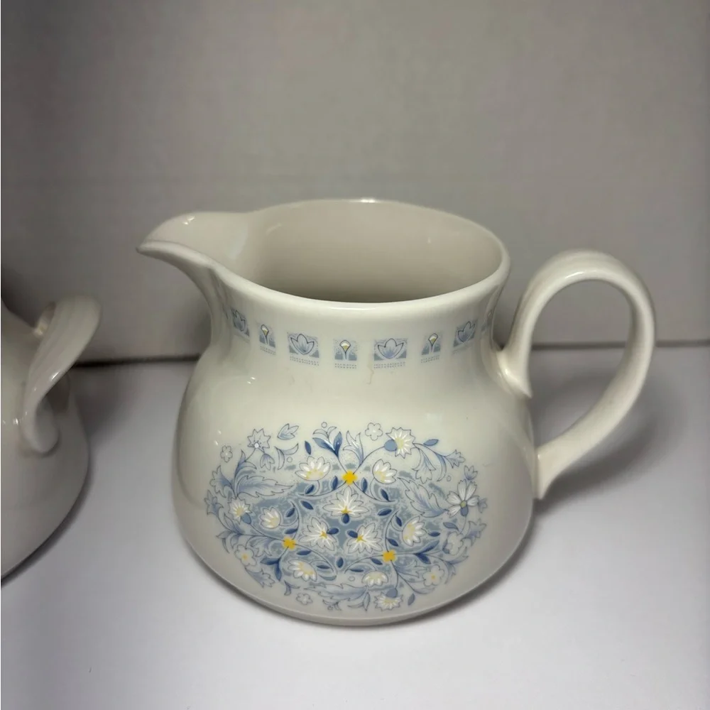 Royal Doulton Blue Floral Sugar Bowl With Lid and Creamer Set Grannycore